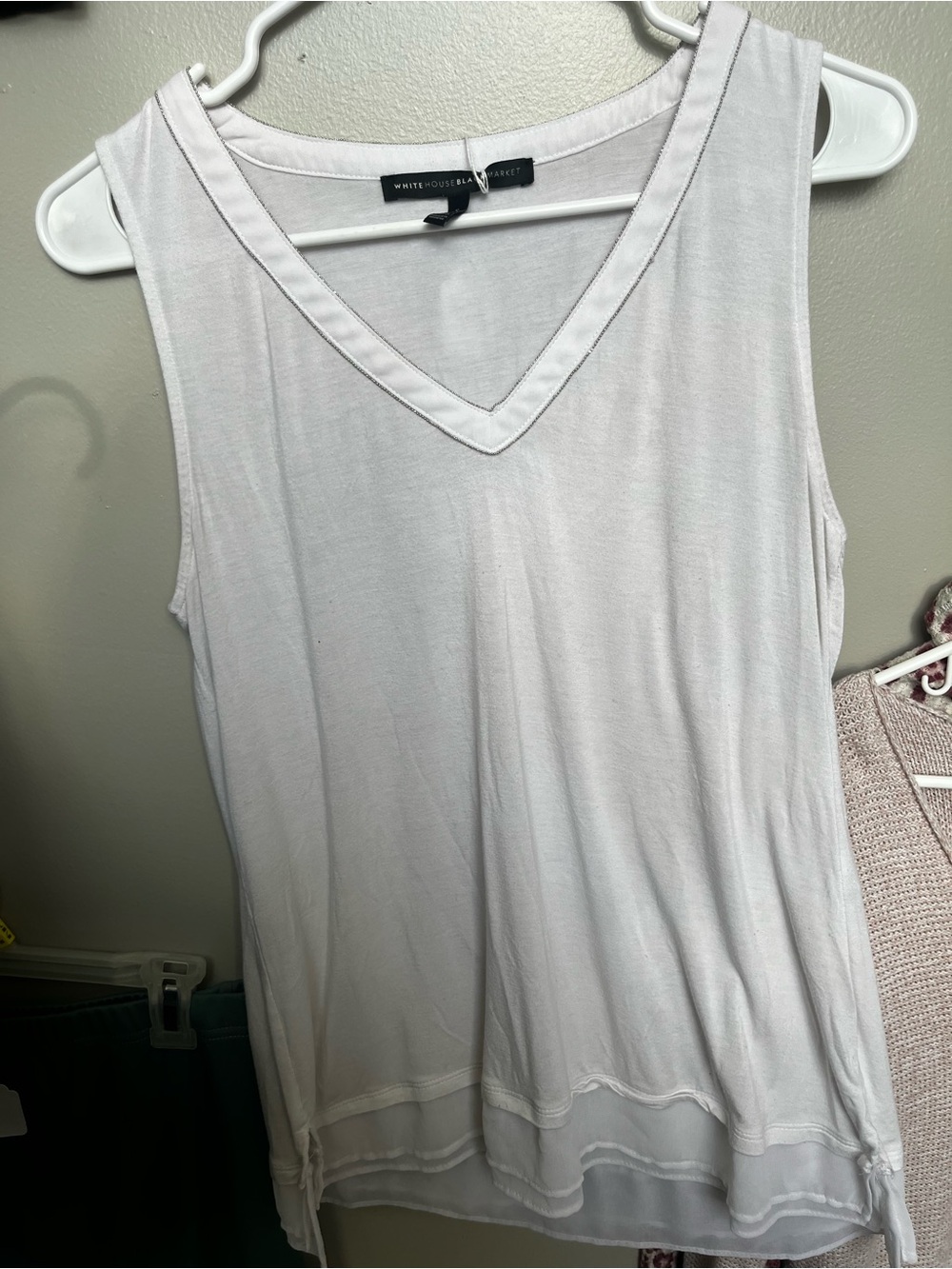 White House Black Market Soft White V-Neck Layered Hem Tank